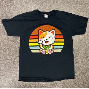 Zuki Japanese Steakhouse Sushi Lucky Cat Shirt Youth Large Black Fruit of Loom